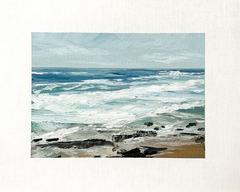8x10 Original Oil Seascape Painting Ocean Waves Coastal Rock Contemporary Signed